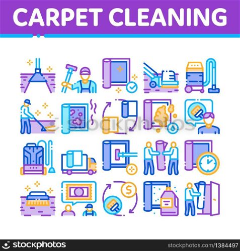 Carpet Cleaning Washing Service Icons Set Vector. Dusty And Dirty Carpet And Floor Vacuum Cleaner Equipment, Brush And Broom Concept Linear Pictograms. Color Illustrations. Carpet Cleaning Washing Service Icons Set Vector