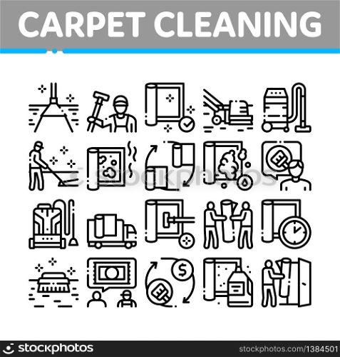 Carpet Cleaning Washing Service Icons Set Vector. Dusty And Dirty Carpet And Floor Vacuum Cleaner Equipment, Brush And Broom Concept Linear Pictograms. Monochrome Contour Illustrations. Carpet Cleaning Washing Service Icons Set Vector