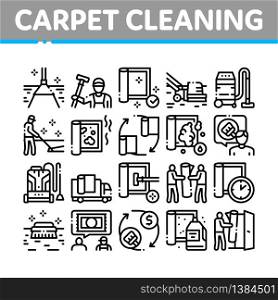 Carpet Cleaning Washing Service Icons Set Vector. Dusty And Dirty Carpet And Floor Vacuum Cleaner Equipment, Brush And Broom Concept Linear Pictograms. Monochrome Contour Illustrations. Carpet Cleaning Washing Service Icons Set Vector