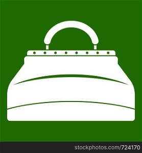 Carpetbag icon white isolated on green background. Vector illustration. Carpetbag icon green