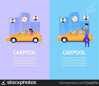 Carpool Banner Set. Modern Flat Illustration. Modern Commercial Taxi Service Vehicle with Transportation Cooperation. Transitional Geo Point Infographic. Man and Girl Client Character.. Carpool Banner Set. Modern Taxi Flat Illustration.