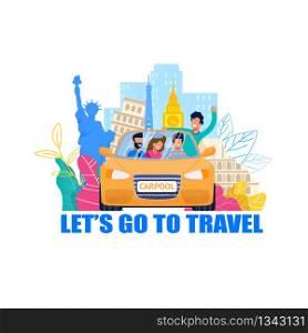Carpool for Travel. Happy Tourist in Car Illustration. Summer Weekend Adventure Concept. Man and Woman Tourist Character Friends in Vehicle Journey. Europe Excursion Tour. Cityscape Art.. Carpool for Travel. Happy Tourist Car Illustration