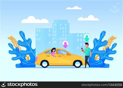 Carpool Transport Service. Collaborative Transport Usage with Modern Mobile Application. Wooman in Back Sit Meet Man with Smartphone. Transit Geolocation Point Infographic. Yellow Car at Cityscape.. Carpool Transport Service. Flat People Character