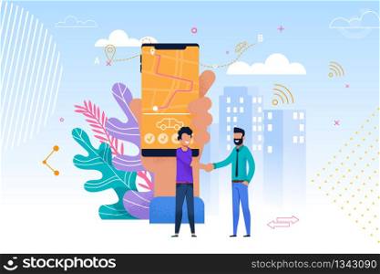 Carpooling Service Mobile App. Flat Illustration of Two Men Handshake, Standing and Talking. Hand with Smart Phone and Route on Screen. Modern Travel Cooperation. City Transport Technology.. Carpooling Service Mobile App. Flat Illustration