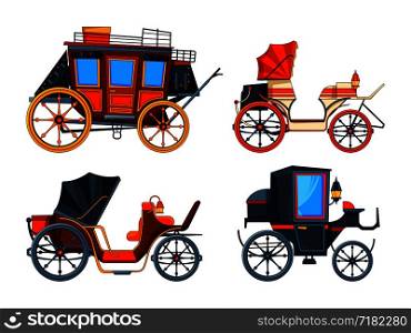 Carriage flat style. Illustrations set of various chariot. Vector collection of cart antique, transport carriage, caleche and stagecoach. Carriage flat style. Illustrations set of various chariot