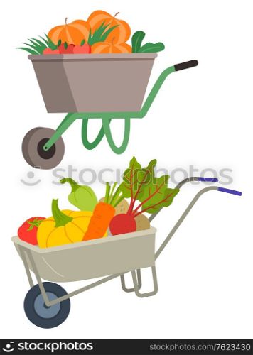 Carriage in farming vector, isolated set of carts loaded with vegetables. Pepper and carrots, beetroot and paprika pumpkin. Harvesting season flat style. Carriages Carts Loaded with Vegetables Carriage