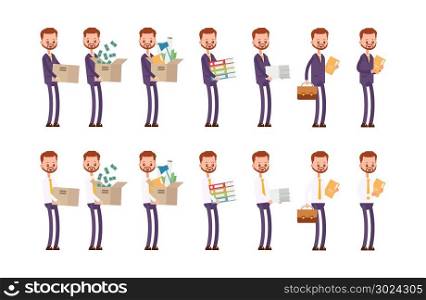 Carries boxes, gets a job, carries money, documents. businessman. cartoon character set