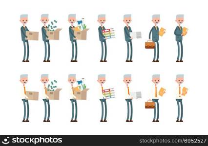 Carries boxes, gets a job, carries money, documents. elderly businessman. cartoon character set