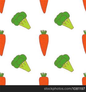 Carrot and broccoli seamless pattern for wallpaper design. Fresh ripe color food. Organic healthy vegetable. Raw, vegan, vegetarian food. Cartoon pattern on white backdrop. Vector doodle design. . Carrot and broccoli seamless pattern