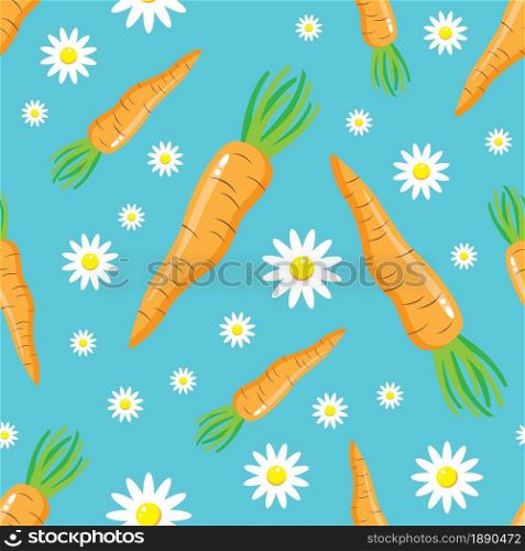 Carrot and flowers easter seamless pattern on blue background. Flat cartoon design. Vector illustration.