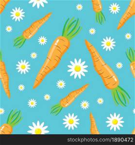 Carrot and flowers easter seamless pattern on blue background. Flat cartoon design. Vector illustration.