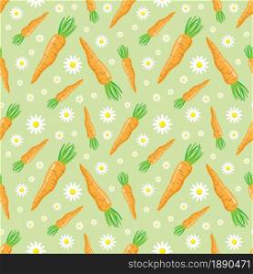 Carrot and flowers easter seamless pattern on green background. Flat cartoon design. Vector illustration.