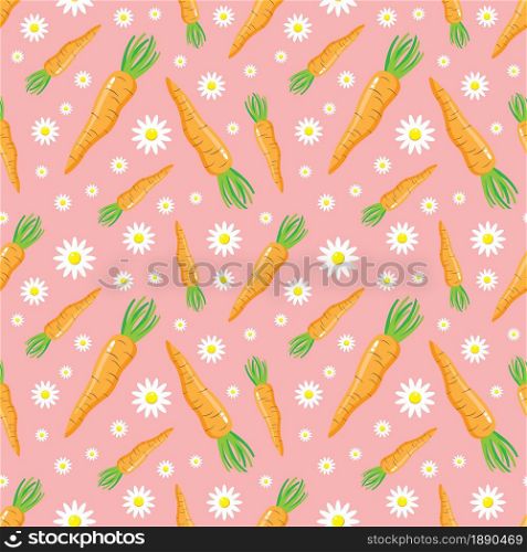 Carrot and flowers easter seamless pattern on pink background. Flat cartoon design. Vector illustration.