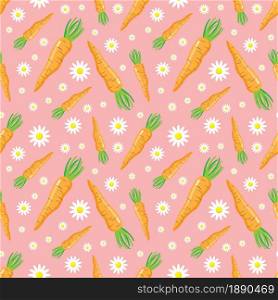 Carrot and flowers easter seamless pattern on pink background. Flat cartoon design. Vector illustration.