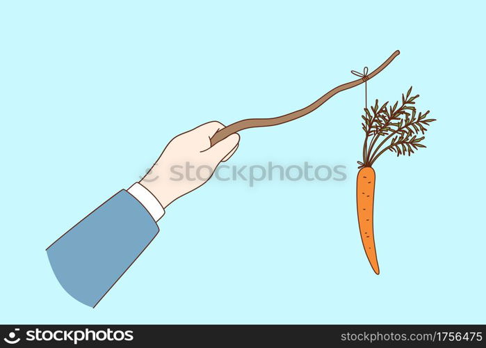 Carrot and stick Reward and punishment concept. Businessman hand holding Carrot on stick for manipulating, rewarding and making punishment on workers vector illustration . Carrot and stick Reward and punishment concept