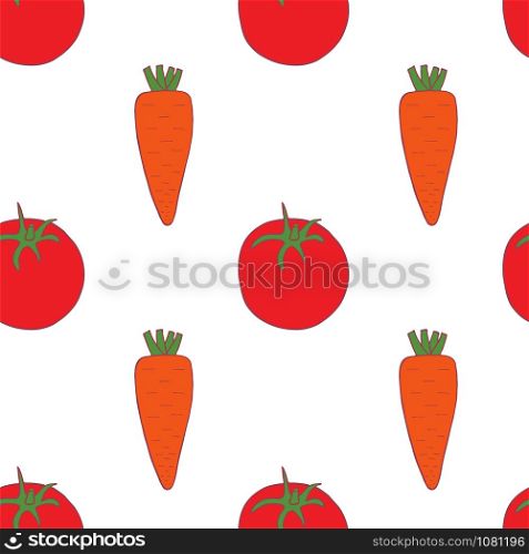 Carrot and tomato seamless pattern for wallpaper design. Fresh ripe color food. Organic healthy vegetable. Raw, vegan, vegetarian food. Cartoon pattern on white backdrop. Vector doodle design. . Carrot and tomato seamless pattern
