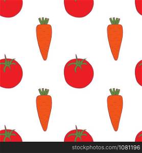 Carrot and tomato seamless pattern for wallpaper design. Fresh ripe color food. Organic healthy vegetable. Raw, vegan, vegetarian food. Cartoon pattern on white backdrop. Vector doodle design. . Carrot and tomato seamless pattern