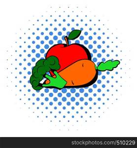 Carrot , broccoli and apple icon in comics style on a white background. Carrot , broccoli and apple icon, comics style