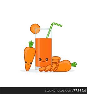 carrot juice. Cute kawai smiling cartoon juice with slices in a glass with juice straw.