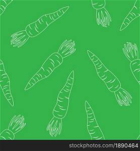 Carrot outline seamless pattern on green background. Flat cartoon design. Vector illustration.
