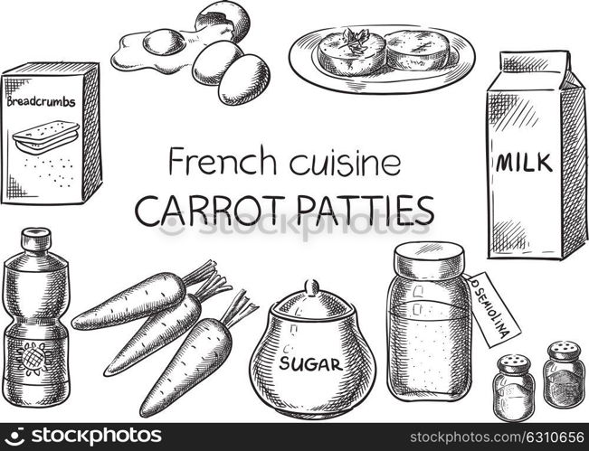 Carrot Patties. Creative conceptual vector. Sketch hand drawn french food recipe illustration, engraving, ink, line art, vector.