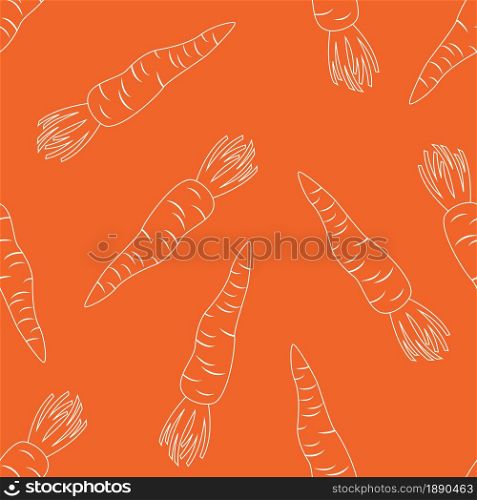 Carrot seamless pattern on orange background. Flat outline cartoon design. Vector illustration.