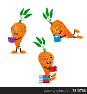 Carrot Student Reading Book. Cute kawaii cartoon vegetable Vector illustration. Smart Carrot clever geek nerd with glasses set mascot characters isolated. Healthy food concept. Smart vegan diet poster. Carrot Student Reading Book vector set illustration
