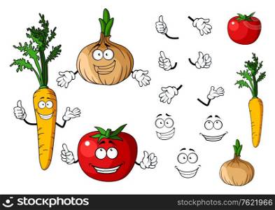 Carrot, tomato and onion vegetables isolated on white background in cartoon style for food design