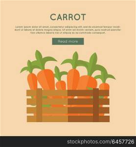 Carrot vector web banner. Flat design. Illustration of wooden box full of fresh and ripe carrot on color background for grocery shop, farm, agricultural company web page design. . Carrot Vector Web Banner in Flat Style Design.
