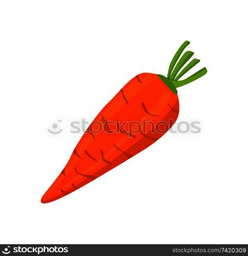 Carrot vegetable isolated vector icon. Single veggie with colorful stalk and leaves of root-crop, flat design in cartoon style, healthy organic food. Carrot Cartoon Root Vegetable Isolated Vector Icon