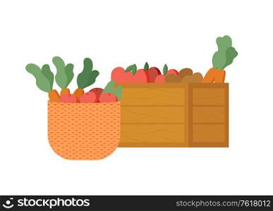 Carrots in containers vector, isolated wooden boxes, basket with tomatoes flat style foliage and apples harvesting season veggies vegetables fruits. Healthy Organic Food, Harvesting Season Carrots
