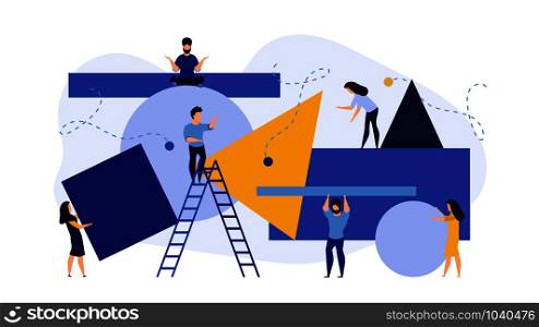Carry person people moving puzzle jigsaw business vector flat cartoon illustration. Man and woman office employee busy concept landing. Job worker team bureaucracy builder process banner character.