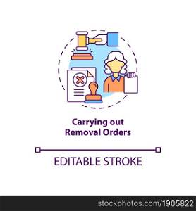 Carrying out removal orders concept icon. Courthouse case hearing on migration. Deportation procedure abstract idea thin line illustration. Vector isolated outline color drawing. Editable stroke. Carrying out removal orders concept icon