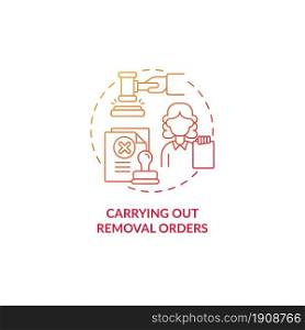 Carrying out removal orders red concept icon. Courthouse case hearing on migration. Deportation procedure abstract idea thin line illustration. Vector isolated outline color drawing. Carrying out removal orders red concept icon
