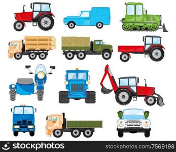 Cars and tractor used for working and transportation cargo. Ensemble of the transport facilities used for working