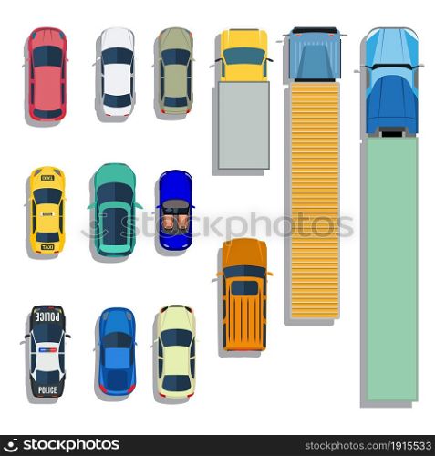 Cars and trucks top view flat icons. Set of car and sedan car. Vector illustration in flat style. Cars and trucks top view flat icons.