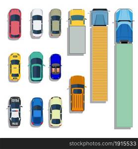 Cars and trucks top view flat icons. Set of car and sedan car. Vector illustration in flat style. Cars and trucks top view flat icons.
