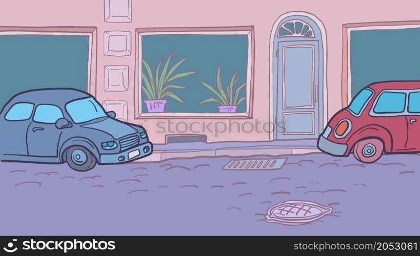 cars are parked on a city street along the sidewalk. Parking near the house. Comic cartoon vintage retro hand drawing illustration. cars are parked on a city street along the sidewalk. Parking near the house