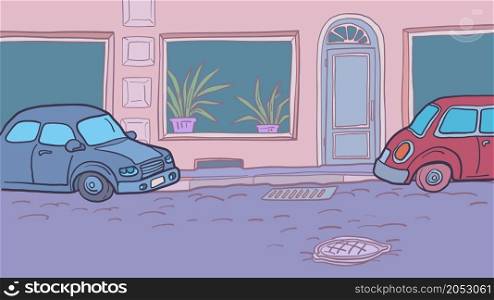 cars are parked on a city street along the sidewalk. Parking near the house. Comic cartoon vintage retro hand drawing illustration. cars are parked on a city street along the sidewalk. Parking near the house