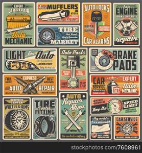 Cars auto service and mechanic garage station, vector vintage retro posters. Automotive diagnostic, engine repair, tire fitting and pumping, vehicle mufflers, brake pads and spare parts shop. Cars repair service, mechanic garage retro posters