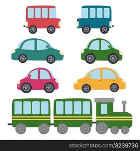 Cars buses, train set. Children’s design. Urban transport. Cars, buses, train set. Children’s design