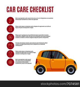 Cars care checklist. Yellow car and line icons. Vector illustration. Cars care checklist. Yellow car and line icons