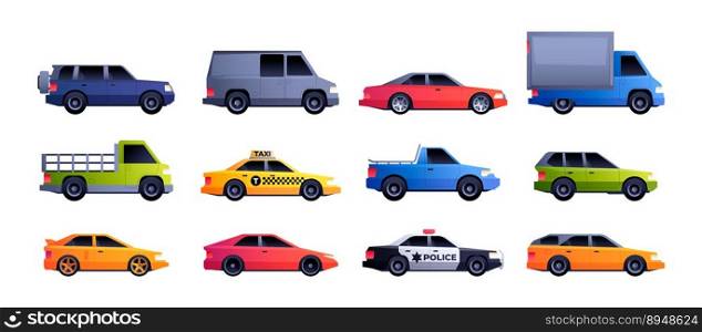 Cars collection. Cartoon vehicle transport, colorful sedan or hatchback automobile, taxi auto flat style transportation concept. Vector isolated set. Police emergency, cab service, sport car. Cars collection. Cartoon vehicle transport, colorful sedan or hatchback automobile, taxi auto flat style transportation concept. Vector isolated set