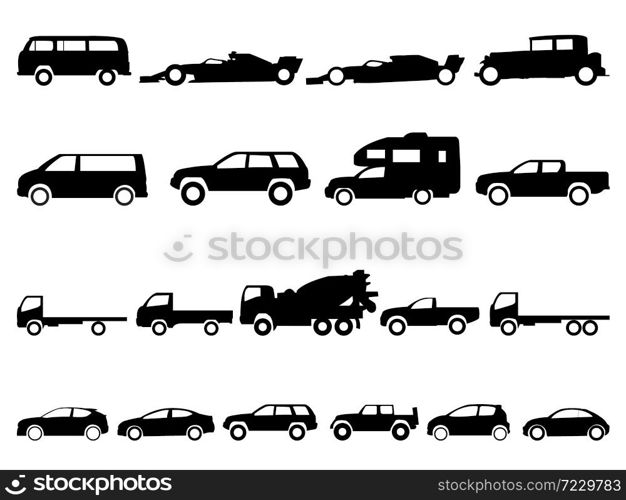 Cars collection icons set on white background, Vector Car Type and Model Objects icons Set silhouette for web