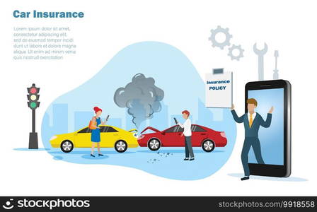 Cars crashed on the street with  drivers calling for insurance broker agent on smart phone holding insurance policy. Car accident, travel and car insurance concept.