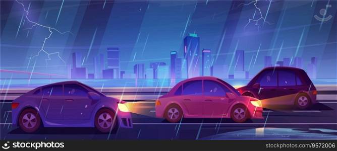 Cars drive in rain with wind, lightning and thunderstorm on asphalt road with puddles against night lights of skyscrapers in city. Cartoon vector landscape - automobile traffic in town in bad weather.. Cars drive in rain with thunderstorm in city