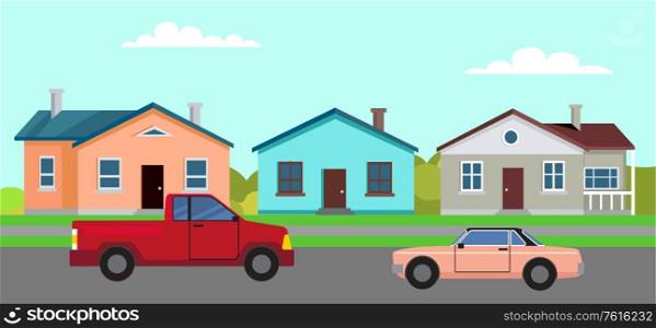 Cars driving along streets of city vector, town with buildings and private houses, greenery and meadows clear sky and fair weather transport tourism. City Suburb View, Buildings and Road with Cars