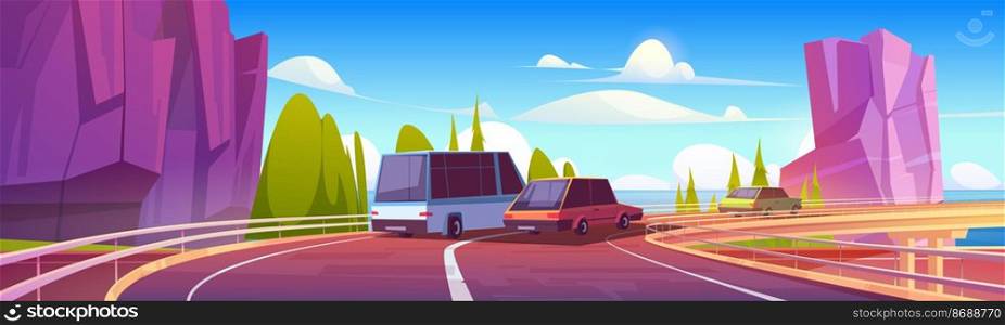 Cars driving on overpass road on sea shore. Vector cartoon summer landscape of ocean coast with mountains, green trees and highway bridge with metal crash barrier, bus and auto. Cars driving on overpass road on sea shore