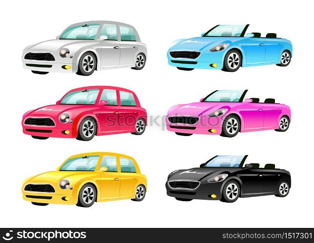 Cars flat color vector objects set. Mini cooper and cabriolet 2D isolated cartoon illustrations on white background. Luxurious auto without roof and vintage personal transport in different colors