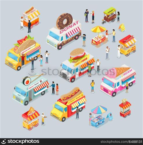 Cars for Sale Food and Drink. Shop on Wheels.. Street food trucks set. Mexican food, Japan food, Donut, Fast food, ice cream, pizza, coffee and tea, fresh lemonade, popcorn. Cars for sale food and drink. Shop on wheels. Car store. Truck with brand